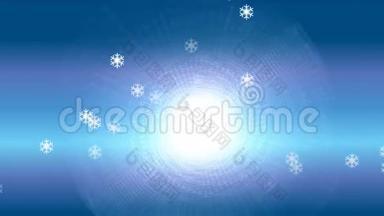 霜蓝色的冬天背景，阳光灿烂，雪花飞舞，白色和蓝色的冬天的视频背景